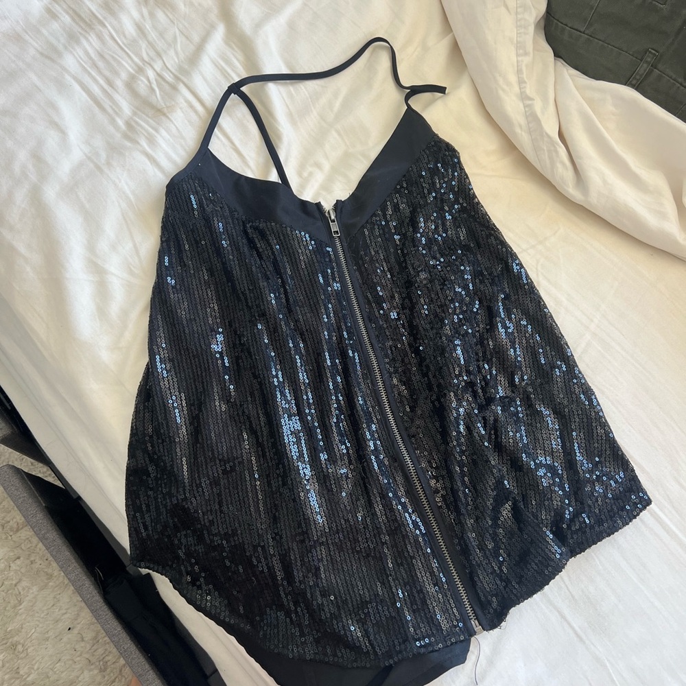 Black Sequin Zip-Up Top
